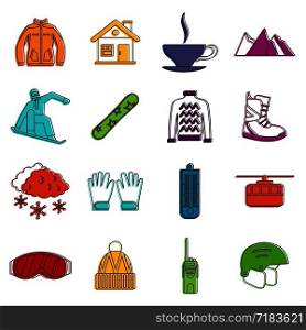 Snowboarding icons set. Doodle illustration of vector icons isolated on white background for any web design. Snowboarding icons doodle set