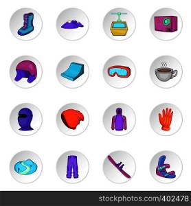 Snowboarding icons set in white circle isolated on white background. Cartoon vector illustration. Snowboarding icons set