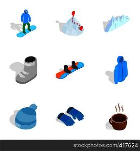 Snowboarding icons set. Isometric 3d illustration of 9 snowboarding vector icons for web. Snowboarding icons set, isometric 3d style