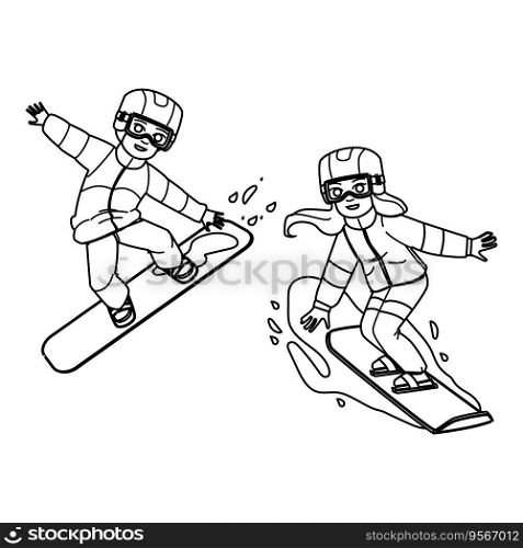 snowboarding kid vector. active snowboard, winter sport, snowboarder happy, fun snow, season young snowboarding kid character. people black line illustration. snowboarding kid vector
