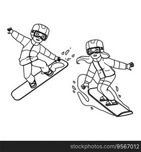 snowboarding kid vector. active snowboard, winter sport, snowboarder happy, fun snow, season young snowboarding kid character. people black line illustration. snowboarding kid vector