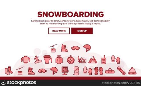 Snowboarding Landing Web Page Header Banner Template Vector. Mask And Snowboard, Shoes And Helmet, Gloves And Cup Snowboarding Accessory Illustrations. Snowboarding Landing Header Vector