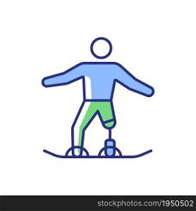 Snowboarding RGB color icon. Sportsman slide down from mountain. Winter sport discipline. Athlete with physical disability. Isolated vector illustration. Simple filled line drawing. Snowboarding RGB color icon