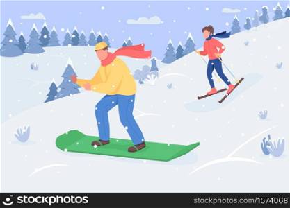 Snowboarding semi flat vector illustration. Winter recreation activity. Extreme sport on mountain side. Winter resort for entertainment. Happy young couple 2D cartoon characters for commercial use. Snowboarding semi flat vector illustration