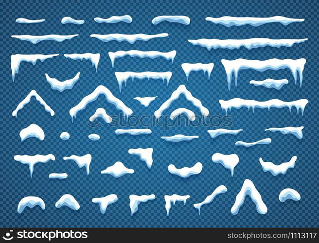 Snowcaps with snowflakes and icicles vector illustration collection. Horizontal and triangle white snow caps with icicle and snowflake isolated on blue background for winter ornament decoration. Snowcaps with snowflakes and icicles vector set