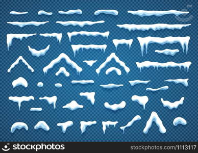 Snowcaps with snowflakes and icicles vector illustration collection. Horizontal and triangle white snow caps with icicle and snowflake isolated on blue background for winter ornament decoration. Snowcaps with snowflakes and icicles vector set