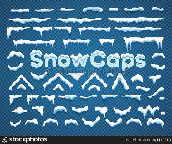 Snowcaps with snowflakes and icicles vector illustration collection. Horizontal and triangle white snow caps with icicle and snowflake decoration SnowCaps label on blue background for winter ornament. Snowcaps with snowflakes and icicles vector set