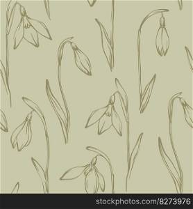 Snowdrops seamless pattern. Elegant classic sketch style. Hand drawn freehand line spring floral background design for wallpapers or textile print, fabric, wrapping paper.