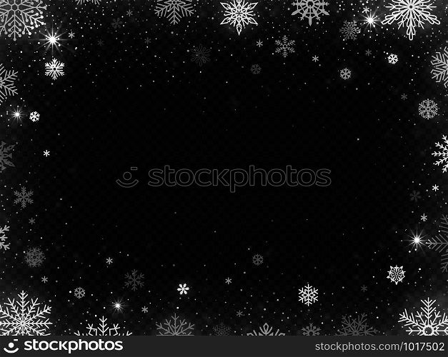 Snowed border frame. Christmas holiday snow, clear frost blizzard snowflakes and silver snowflake. White sequins flake falling on new year holiday party vector illustration. Snowed border frame. Christmas holiday snow, clear frost blizzard snowflakes and silver snowflake vector illustration