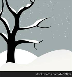 Snowfall. Alone standing tree covers with snow. A vector illustration