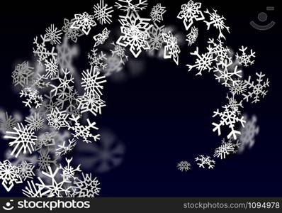 Snowfall background. Falling transparent snow with big spinning snowflakes