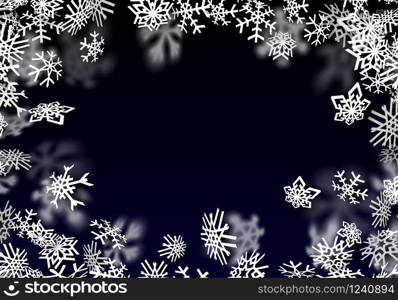 Snowfall background. Falling transparent snow with big spinning snowflakes