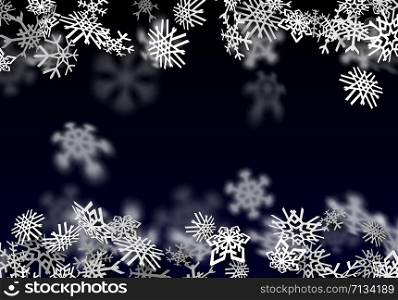 Snowfall background. Falling transparent snow with big spinning snowflakes