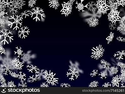 Snowfall background. Falling transparent snow with big spinning snowflakes