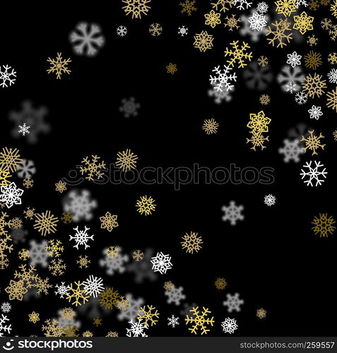 Snowfall background with golden snowflakes blurred in perspective