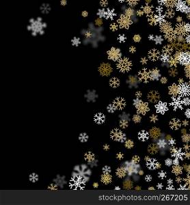 Snowfall background with golden snowflakes blurred in perspective