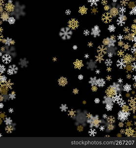 Snowfall background with golden snowflakes blurred in perspective