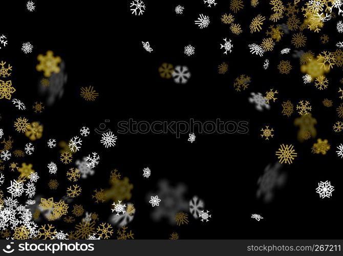 Snowfall background with golden snowflakes blurred in perspective