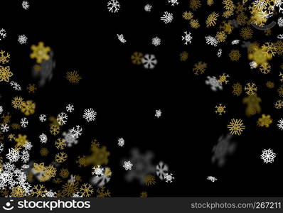 Snowfall background with golden snowflakes blurred in perspective