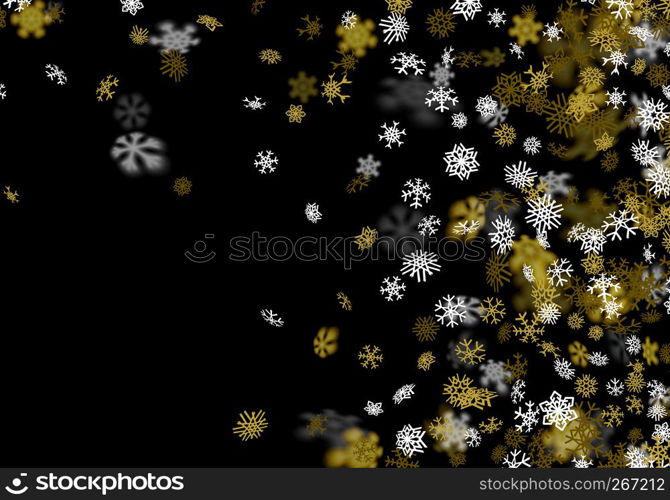 Snowfall background with golden snowflakes blurred in perspective