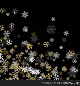 Snowfall background with golden snowflakes blurred in perspective