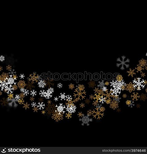 Snowfall background with golden snowflakes blurred in perspective