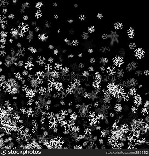 Snowfall background with snowflakes blurred in perspective