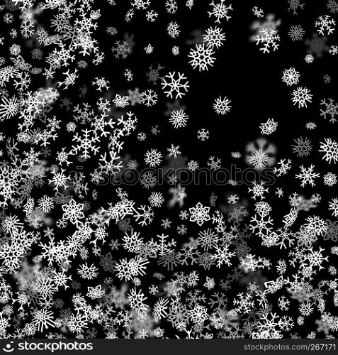 Snowfall background with snowflakes blurred in perspective