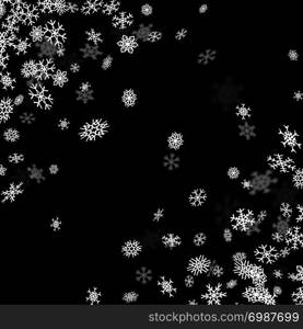 Snowfall background with snowflakes blurred in perspective