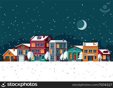 Snowfall in winter town with small houses cartoon vector illustration. Christmas town with home in snow, winter city street holidays concept. Snowfall in winter town with small houses cartoon vector illustration. Christmas holidays concept
