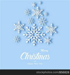 Snowfall. White Snowflakes on blue background. Christmas greeting card. Vector illustration