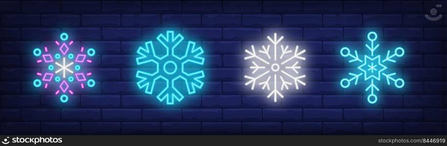 Snowfalls sign set. Bauble, ornament, winter symbol. Vector illustration in neon style, bright banner for topics like December holidays, Christmas vacation, New Year decoration
