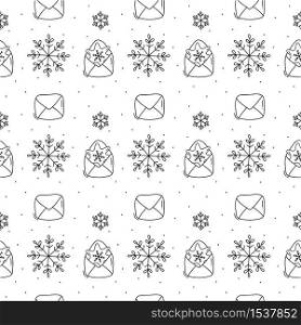 Snowflake and envelope christmas and new year seamless pattern vector illustration. Hand drawn monoline xmas doodle background for greeting card, poster.. Snowflake and envelope christmas and new year seamless pattern vector illustration. Hand drawn monoline xmas doodle background for greeting card, poster
