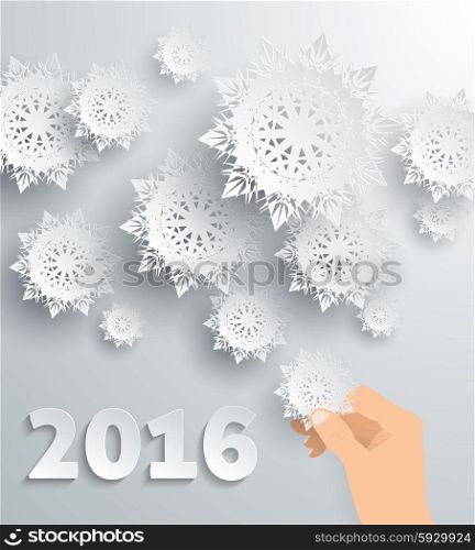 Snowflake background New Year 2016. Xmas and christmas, hand and holiday celebration, greeting merry and happy, season celebrate, traditional illustration