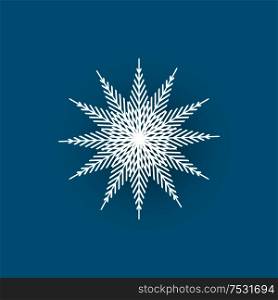 Snowflake cut out icon isolated on blue. Winter symbol, xmas flake New Year and Christmas sign, frozen crystal frozen element, vector paper object. Snowflake Cut Out Icon Isolated on Blue Wintertime