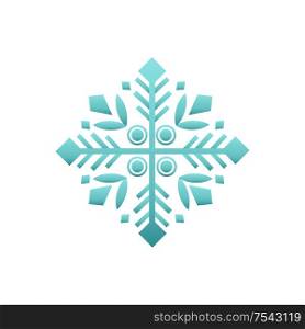 Snowflake decorative winter element vector isolated icon. Wintertime figure in white and blue, snow of flake in flat style, New Year and Christmas decor sign. Wintertime Figure in White and Blue Vector Isolated