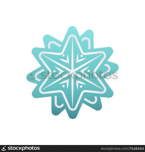 Snowflake decorative winter element vector isolated icon. Wintertime figure in white and blue, snow of flake in flat style, New Year and Christmas decor sign, paper art and craft style. Christmas Card Decorated by Blue Snowflake Vector