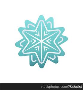 Snowflake decorative winter element vector isolated icon. Wintertime figure in white and blue, snow of flake in flat style, New Year and Christmas decor sign, paper art and craft style. Christmas Card Decorated by Blue Snowflake Vector