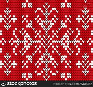 Snowflake embroidered with threads on canvas vector. Needlecraft with cross stitches technique. Decoration of clothes and winter sweaters. Christmas theme seamless pattern flat style illustration. Snowflake Embroidery on Red in Closeup Vector