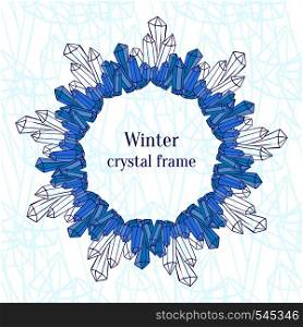 Snowflake frame. Blue ice crystals decoration. Winter New Year background. . Snowflake frame. Blue ice crystals decoration. Winter New Year background