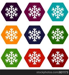 Snowflake icon set many color hexahedron isolated on white vector illustration. Snowflake icon set color hexahedron