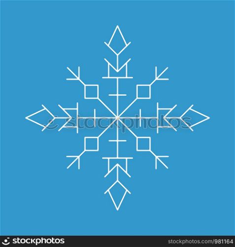 Snowflake icon. White silhouette snow flake sign, isolated on blue background.Graphic element decoration. Vector illustration. Flat design.Fine lines.Rounded corners.. Snowflake icon. White silhouette snow flake sign, isolated on blue background.