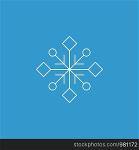 Snowflake icon. White silhouette snow flake sign, isolated on blue background.Graphic element decoration. Vector illustration. Flat design.Fine lines.Rounded corners.. Snowflake icon. White silhouette snow flake sign, isolated on blue background.