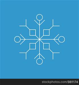 Snowflake icon. White silhouette snow flake sign, isolated on blue background.Graphic element decoration. Vector illustration. Flat lineart design.Fine lines.Rounded corners.. Snowflake icon. White silhouette snow flake sign, isolated on blue background.