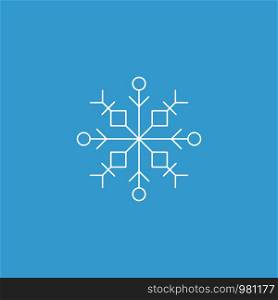 Snowflake icon. White silhouette snow flake sign, isolated on blue background.Graphic element decoration. Vector illustration. Flat lineart design.Fine lines.Rounded corners.. Snowflake icon. White silhouette snow flake sign, isolated on blue background.