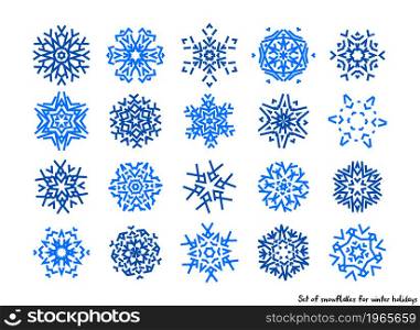 Snowflake icons set with geometric shapes for Christmas ornaments for cold weather winter xmas holiday cards