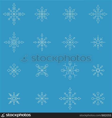 Snowflake icons. White silhouette snow flake signs, isolated on blue background.Graphic elements decoration. Vector illustration. Flat design.Fine lines.Rounded corners.. White silhouette snow flake sign, isolated on blue background.