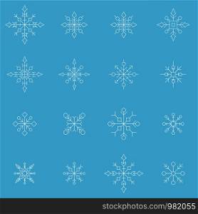 Snowflake icons. White silhouette snow flake signs, isolated on blue background.Graphic elements decoration. Vector illustration. Flat design.Fine lines.Rounded corners.. White silhouette snow flake sign, isolated on blue background.