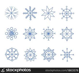 Snowflake logo set. Geometric abstract ornament, circle blue symbols of ice or round frozen flowers and snow stars, frost decor elements, christmas flakes decoration objects, vector isolated icons. Snowflake logo set. Geometric abstract ornament, circle blue symbols of ice or round frozen flowers and snow stars, frost decor elements, christmas flakes, vector isolated icons