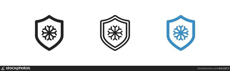 Snowflake on shield outline icon. Snow protect. Cold temperature protect sign. Temperature resistant symbol. Simple flat design. Vector illustration. Snowflake on shield outline icon. Snow protect. Cold temperature protect sign. Temperature resistant symbol. Simple flat design. Vector illustration.